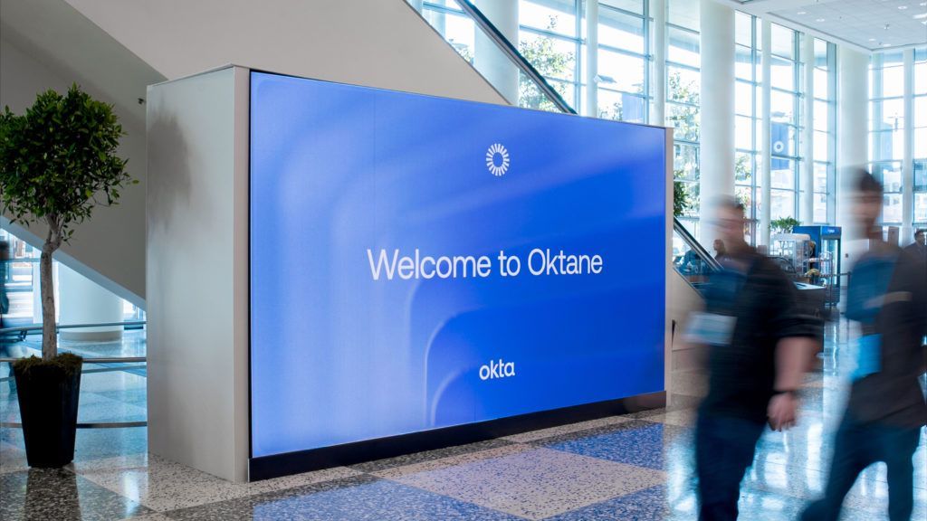 Welcome screen in a public building lobby