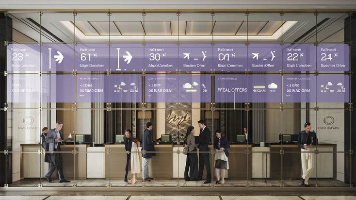 Hotel lobby with digital screens