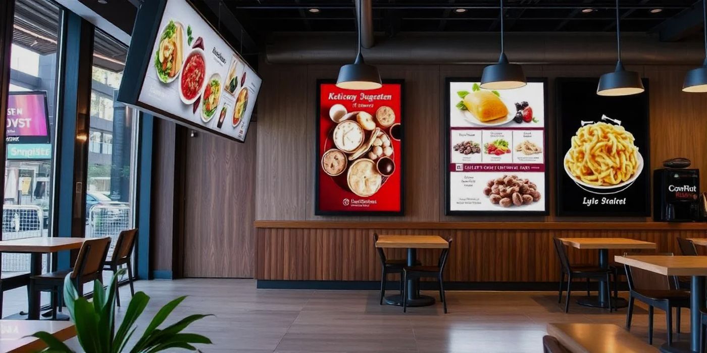 Row of digital menu boards over a counter